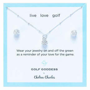 Golf Ball Charm Necklace and Earrings Gift Set - Silver